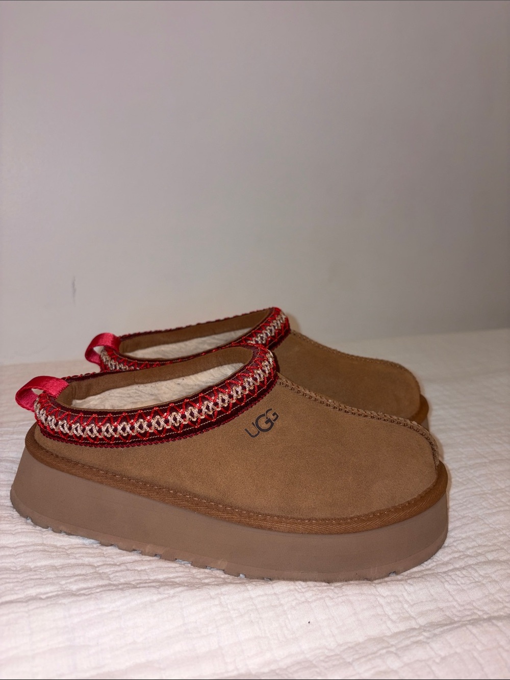 UGG Women's Chestnut Suede Slip-On Clogs with Red Trim